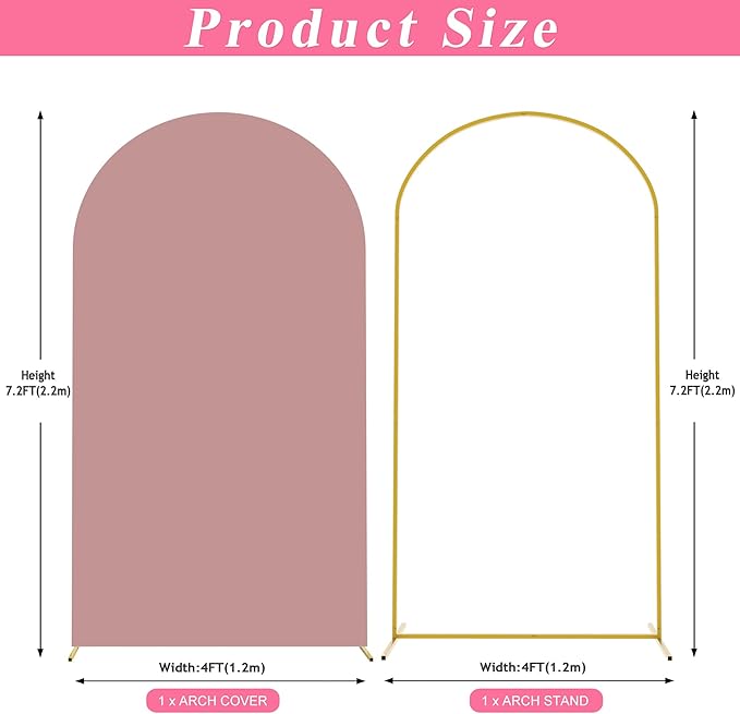 Putros 7.2ft Metal Arch Stand with Cover Light Dusty Rose Spandex Fitted Wedding Arch Cover and Round Top Chiara Backdrop Stand Set for Birthday Party Baby Shower Decoration