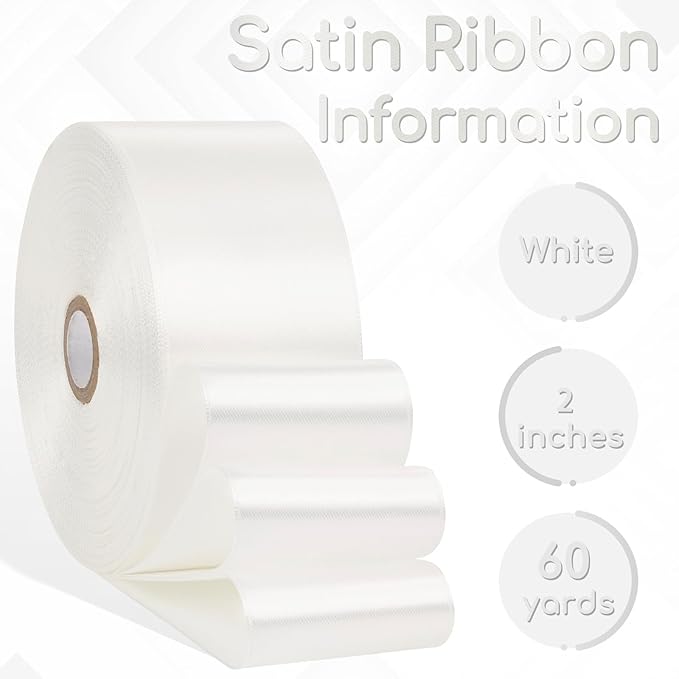 White Ribbon 2 Inch, 60 Yards White Satin Ribbon for Flower Bouquet, Crafts, Gift Wrapping, Birthday Party, Bows, Wedding and Festival Decor