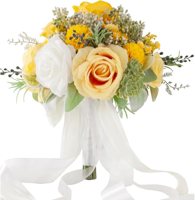 Yellow & White Wedding Bouquets for Bride Bridesmaids, Bridal Bouquet for Wedding Silk Artificial Flowers