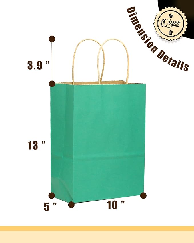 qiqee Large Kraft Paper Bags with Handles 13"x10"x5" 32 pcs Gift Paper Bag Mint Green Solid Color Bags（Large Size）