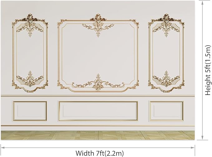 AOFOTO Vintage Room Inside Backdrop Modern French Classic Frame White Walls Gold Embossed Floral Photo Background Wedding Bridal Shower Reception Drama Portrait Photoshoot Backdrop Props 8x6ft