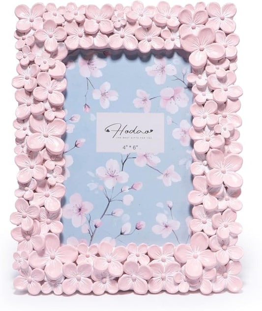 Hodao 4×6 Pink Floral Picture Frame — Handcrafted Textured Flower Picture Frame with Plastic Photo Cover & Built-In Easel for Tabletop Display, Decorative Home Décor, Nursery & Photo Keepsake