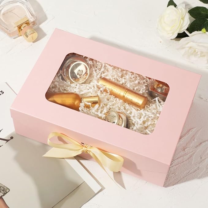 Pink Gift Box for Presents with Ribbon 10.8x7.5x3.5 Inches Clear Gift Box with Window Magnetic Closure Gift Boxes with Lids