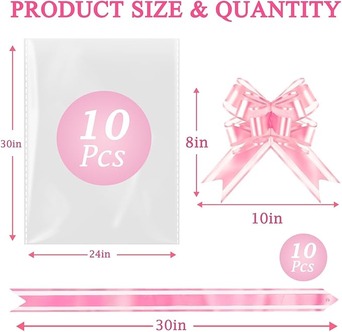 PigPotParty 24"x30" Clear Cellophane Gift Bags with Pink Bows – 10 Pack Large Cellophane Wrap for Gift Baskets, Plastic Gifts Bags for Baby Girl Shower, Birthday Party and Bridal Shower