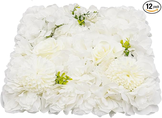 15"x 15" Artificial Flower Wall Panels, Silk Flower Panels for Outdoor Garden Backyard Fence Privacy Screen and Indoor Wall Decor (12 Pcs White, Style 2)