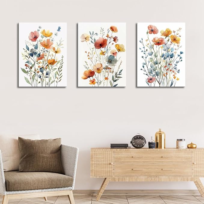 Watercolor Flower Wall Art for Living Room Flower Pictures Wall Decor Orange Floral Canvas Art Colorful Wildflower Poster Prints for Bedroom Bathroom Home Decor 12"x16"x3pcs