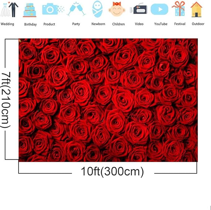 Red Rose Backdrop Flowers Rose Wall Photo Background Valentine's Day Backdrop Wedding Bridal Shower Photo Booth Mother's Day Birthday Party Dessert Table Banner Lovers Portraits Props 10x7ft