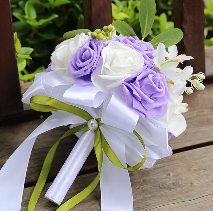 Lightweight Bridal Wedding Bouquet Round Holding Bouquet Throw Toss Artificial Rose Flower Bunch for Bride Bridesmaid Wedding Quinceanera (White & Mid Purple, 6.7")
