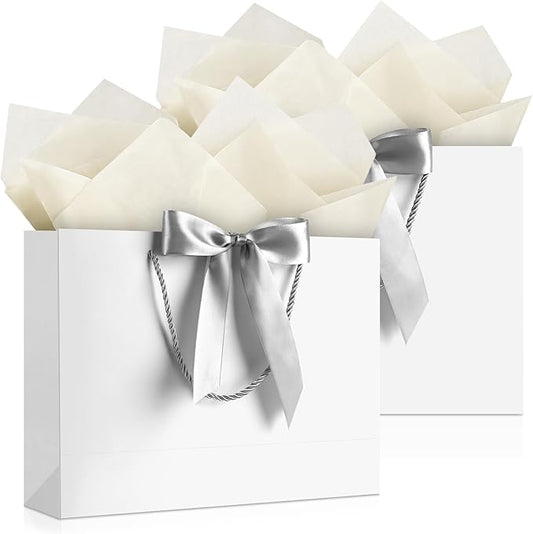 JMANNI Gift Bags, 2Pcs Paper Gift Bag with 4 Tissue Papers and 2 Cards, Present Bags with Handles for Women Girls Bridesmaid Birthday Valentines Wedding Party, White
