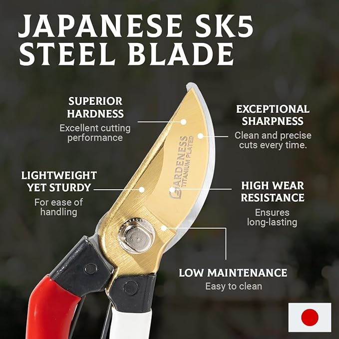 Gardeness Japanese Titanium Pruning Shears, Lightweight SK5 Bypass Garden Secateurs – Easy-Grip Hand Pruners for Women, Roses, Bonsai, Trimming & Everyday Gardening