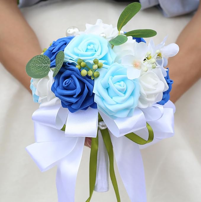 Lightweight Bridal Wedding Bouquet Round Holding Bouquet Throw Toss Artificial Rose Flower Bunch for Bride Bridesmaid Wedding Quinceanera (White, Royal Blue & Light Blue, 6.7")