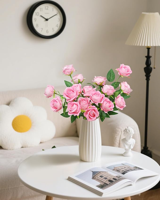 LFF 50Pcs Fake Pink Roses Artificial Flowers with Long Stems, Realistic Silk Faux Roses in Bulk, Wedding Bouquet, DIY Floral Arrangement for Home/Wedding/Proposal Ceremony Decoration(Pink)