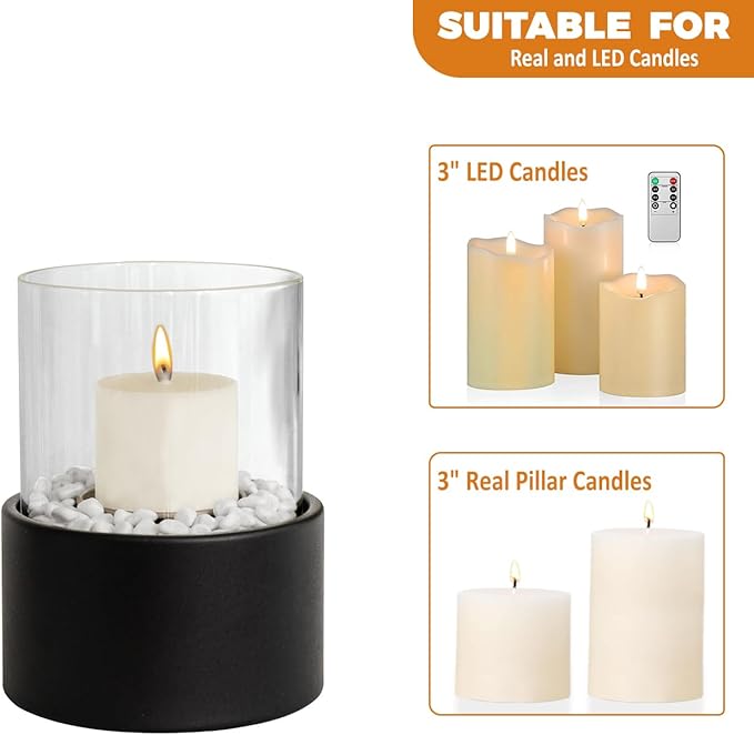 EastFlame Tabletop Pillar Hurricane Candleholder with Decorative Stones - Suitable for Dia 3" and Below Pillar Candles and Scented Candles, Gift for Lovers' Gathering, Home Decor, Parties & Weddings