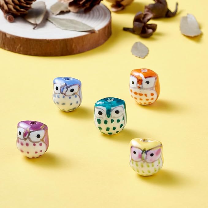 Beadthoven 5pcs Owl Porcelain Beads Lucky Animal Ceramic Beads Colorful Printed Cute Owl Bird Handmade Large Hole Ceramic Loose Spacers for Bracelets Necklace DIY Jewelry Making 17x15mm Hole: 3mm
