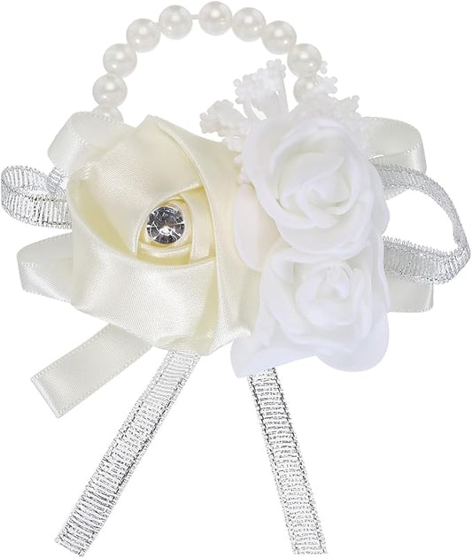 MECCANIXITY Wrist Corsage Artificial Flower Bracelets Rose Wrist Bride Groom Decorative for Wedding Ceremony Prom Party Anniversary Cream