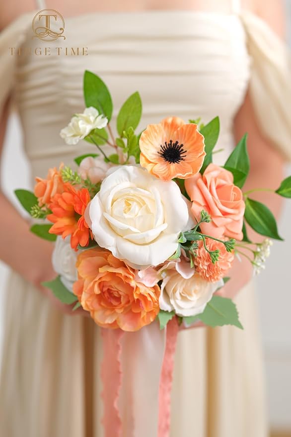 TINGE TIME Bridesmaid Bouquets for Wedding Set of 6 CoralPink & Champagnee 7 Inch Wedding Bouquets Artificial Silk Flowers Bridal Bouquets for Bridesmaids, Wedding Decor, Anniversary