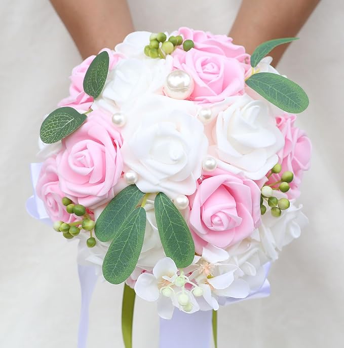 Lightweight Bridal Wedding Bouquet Round Holding Bouquet Throw Toss Artificial Rose Flower Bunch for Bride Bridesmaid Wedding Quinceanera (White & Pink, 6.7")