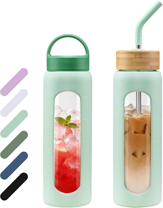 24 oz Glass Water Bottle, Glass Tumbler with Straw, Reusable Drinking Bottles with 2 Lids-Handle Lid&Bamboo Straw Lid, Silicone Sleeve, for Sports, Home,1 Pack-Mustard