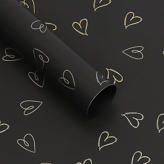 MLSG 20 Sheet Solid Color Heart Wrapping Paper - Waterproof Floral Bouquet Wrapping Paper, Florist Supplies Packaging Paper for Wedding Birthday Gift Wrap Paper (Black Gold)