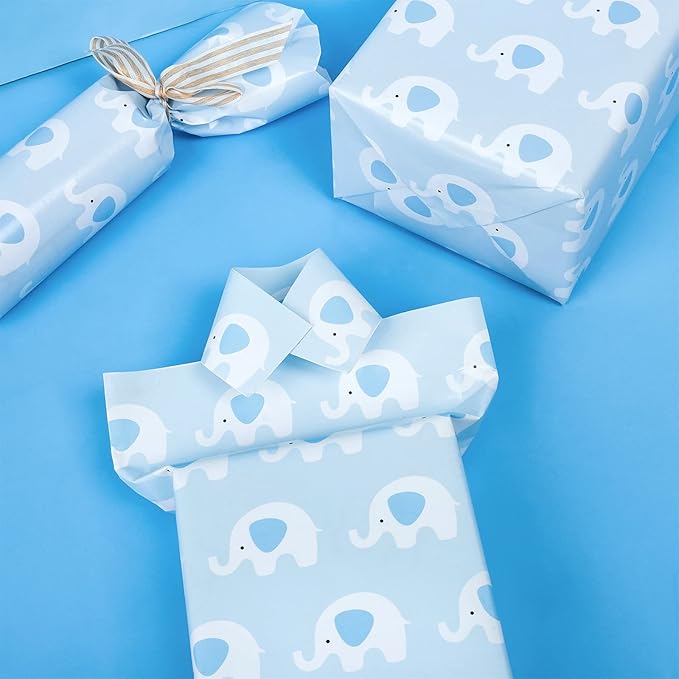 WRAPAHOLIC 30 Inch Baby Shower Wrapping Paper Roll - Cute Baby Blue Elephant Design for Baby Shower, Birthday, Holiday, Party - 30 Inch x 33 Feet