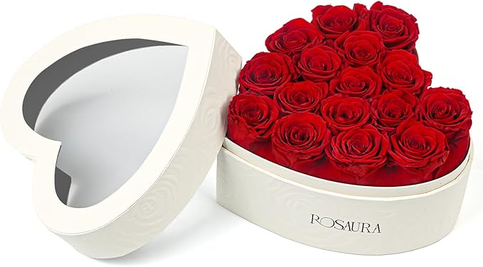 Rosaura Heart-Shaped Preserved Roses Gift Box - Real Forever Flowers for Birthday, Valentine's & Mother's Day (red, 16 Roses)