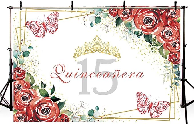 SENDY 8x6ft Quinceañera Backdrop Mis Quince 15 Anos Birthday Party Decorations Supplies for Girl Princess Red Floral Flowers Butterfly Gold Crown Photography Background Banner Photo Booth Studio Props