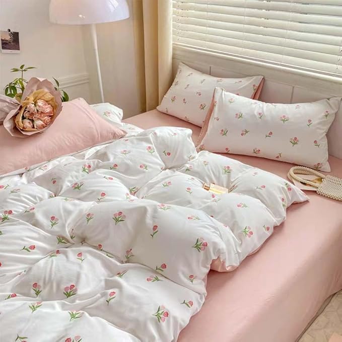 Nayoroom Pink Floral Duvet Cover Queen Size Coquette Tulip Printed on White Reversible Comforter Cover 3 Pcs Girls Cottagecore Bedding Set with Pillow Sham Soft Lightweight Microfiber
