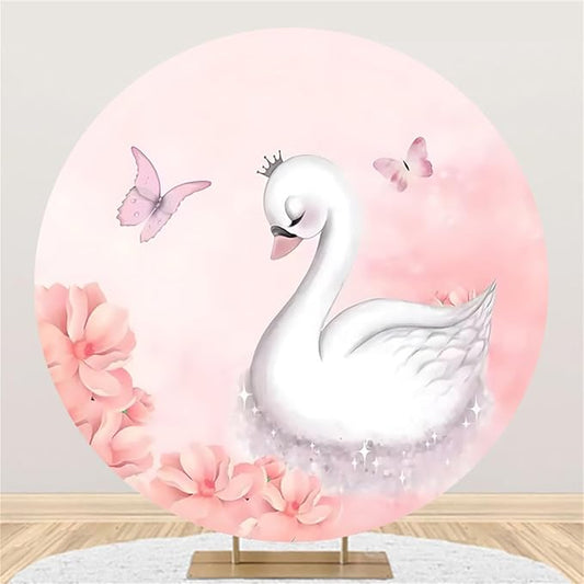 AOFOTO Swan Round Backdrop Pink Floral Butterfly Print Photography Background for Baby Shower Women Newborn Girls Birthday Party Banner Home Wall Decor Photo Studio Booth Props 3.3x3.3ft