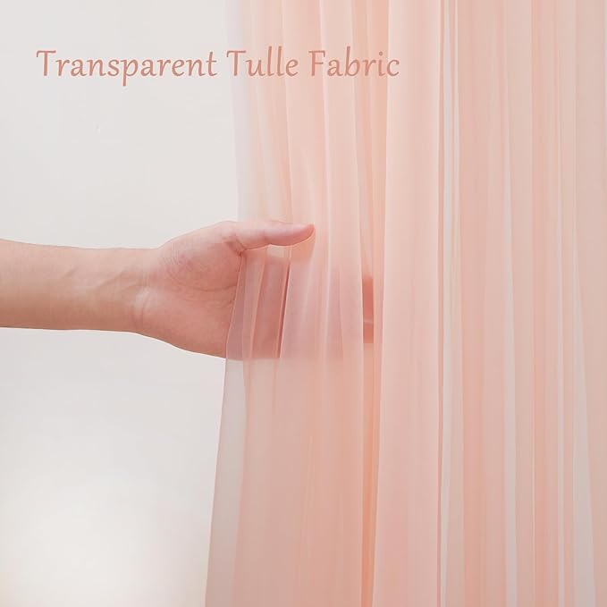 10x10ft Peach Tulle Backdrop Curtain with Lights String for Parites, Sheer Backdrop Curtains for Wedding Baby Shower Birthday Party Photo Shoot Decorations