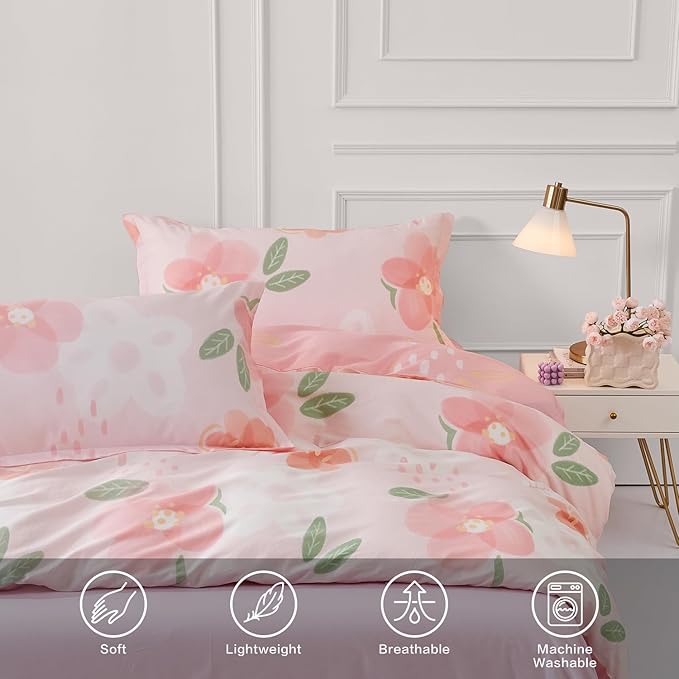 SAPHREAS Pink Floral Duvet Cover Set Full Size Blossom Flower Printed Bedding Comforter Cover Set 100% Cotton 1 Duvet Cover 90"x80" 2 Pillow Shams, Comforter Not Included