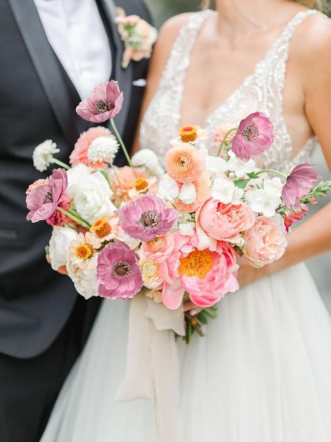 IPOPU Pink Artificial Poppy Silk Flowers 6pcs for Decoration - Faux Flowers With Stems for Wedding Centerpieces, Tables, Bridal Shower Party Decorations