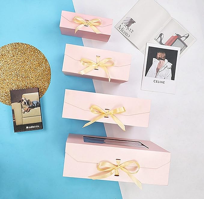 5 Pcs Pink Gift Box for Presents with Ribbon 13.2x11x5.3 Inches Clear Gift Box with Window Magnetic Closure Gift Boxes with Lids