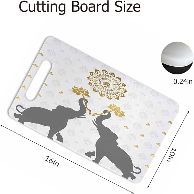 Elephant Cutting Boards Lotus Golden Flora Art Cutting Boards Kitchen Chopping Board with Handles Non Slip Plastic 16 x 10 x 0.24 Inch