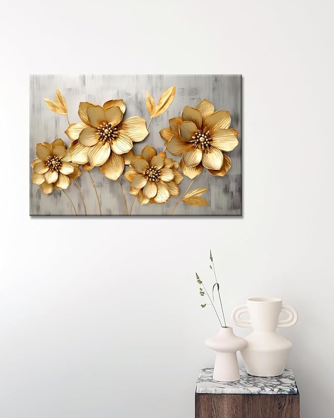 GLOKAKA Gold Metallic Flowers Print Wall Art Elegant Floral Flower Canvas on Grey Background Painting Picture Artwork for Living Room Bedroom Bathroom Decor (Gold Metallic Flowers, 24"x16")