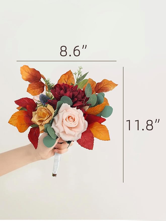 Rinlong 1Pc Bridesmaids Bouquet Fall Wedding Bouquets for Bridesmaid Terracotta Artificial Flowers Burnt Orange Silk Bouquet for Wedding