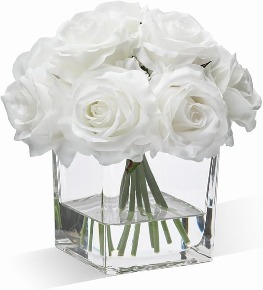 WELL KNOWN Rose Artificial Flowers in Vase with Faux Water, Ivory White Silk Rose Table Centerpieces for Home Coffee Table Decor, Fake Roses Flower Arrangements for Office Hotel Lavatory Decor
