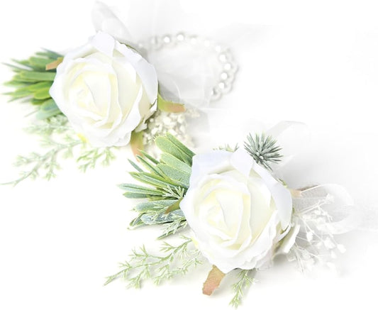 Pack of 2 Ivory Rose Wrist Corsage and Boutonniere Set for Men Women - Artificial Flowers with Pearl Bracelet and Boutonniere Pin for Bride, Groom, Bridesmaids, Groomsmen, Weddings, Prom Accessories