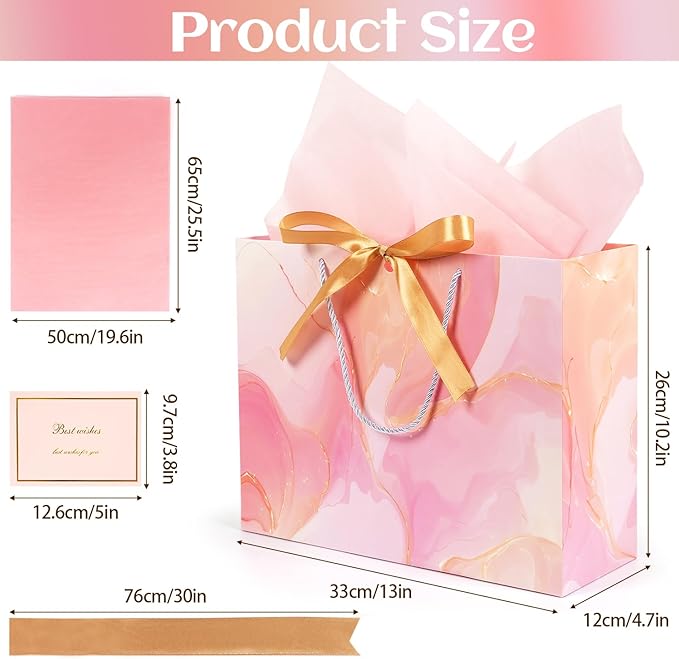 MAMUNU Pink Gift Bags, 2PCS 13” Large Gift Bags with Tissue Paper and Greeting Cards, Gift Bag with Handles Bow for Women Girls, Pink Gift Bags for Birthday Wedding Bridal Baby Shower Anniversaries