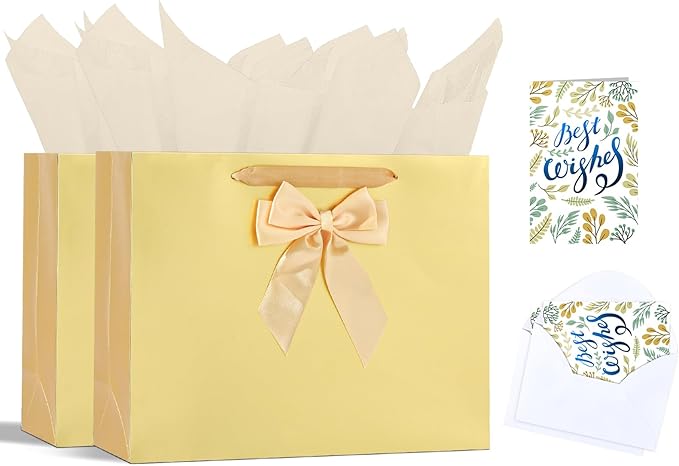 Bloomwords 13" Gold Gift Bag Set - 2 Large Paper Bag with Bow, Greeting Card & 4 Tissues, Sturdy Handles for Birthdays, Father’s Day & Special Occasions-2PCS