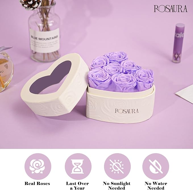 Rosaura Heart-Shaped Preserved Roses Gift Box - Real Forever Flowers for Birthday, Valentine's & Mother's Day (Light Purple, 7 Roses)