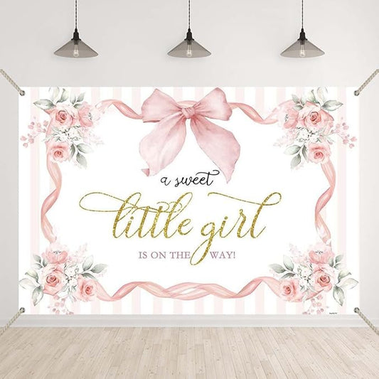 Pink Floral Baby Shower Backdrop Bow Flowers A Sweet Little Girl is on The Way Photography Background Princess Bowknot Girl Gender Reveal Party It’s a Banner with Copper Grommets