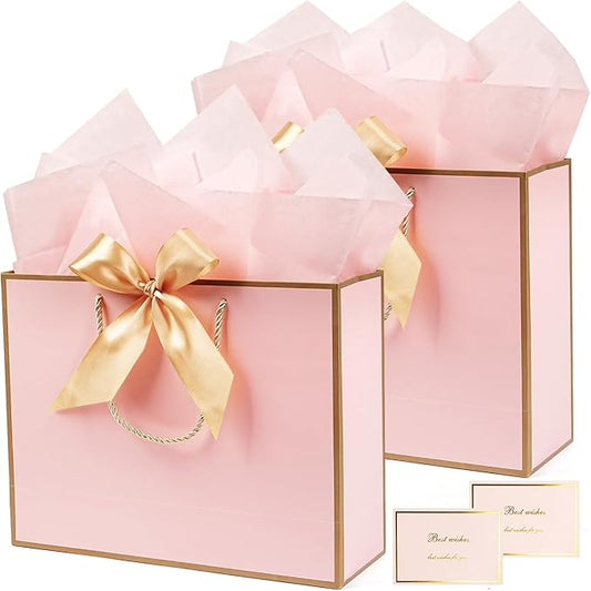 13” Pink Gift Bags, 2 PCS Light Pink Gift Bags with Handles Bow Ribbon, Large Gift Bag Set with Tissue Paper Greeting Card , Portable Paper Present Bag for Girls Women Birthday Wedding Baby Shower
