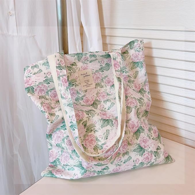 Cotton Canvas Tote Bag Reusable Soft Grocery Cloth Bag Floral Shoulder Bag for Beach Travel Shopping