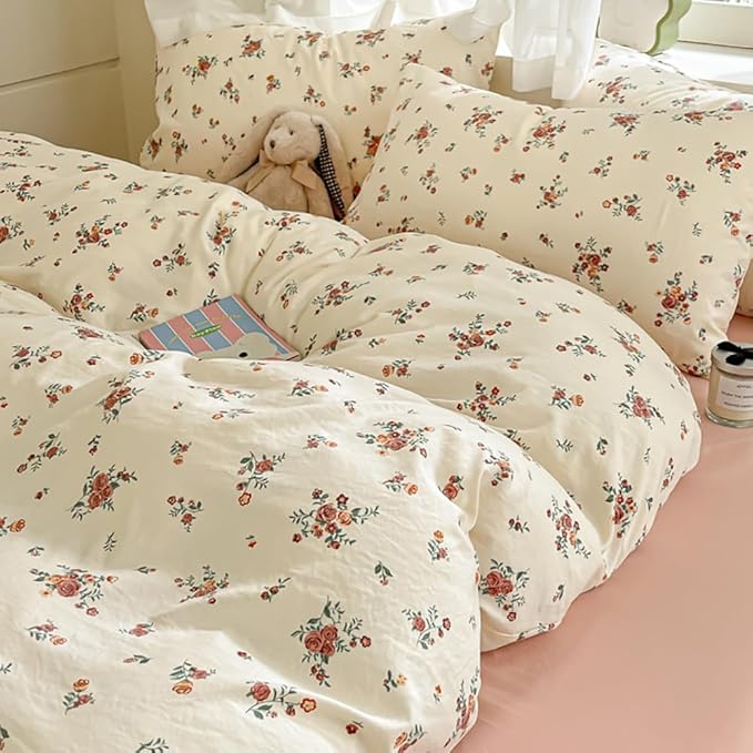 Nayoroom Vintage Floral Duvet Cover Queen Size Red Rose Flower Green Botanical Cottagecore Bedding Set 3 Pieces Soft Lightweight Washed Microfiber Spring Duvet Cover Gifts for Women Girls