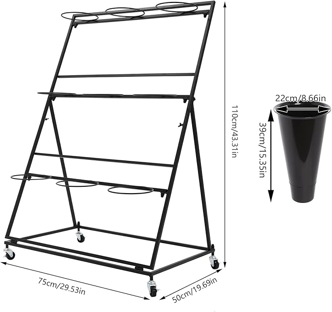 DYRABREST Flower Display Stand with Buckets, Black 3 Layers Metal Plant Stand with 9 Pieces Buckets, Moving Florist Bouquet Shelf for Fresh Flower Shop, for Patio Garden, Outdoor Flower Pop-Up Events