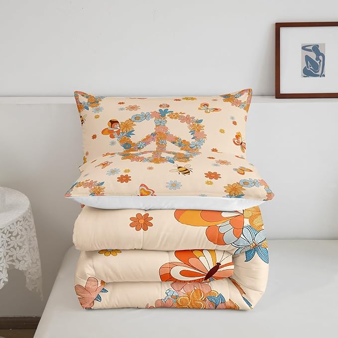 Retro 70s 60s Hippie Bedding Set King Size,Groovy Flowers Butterfly Honeybee Comforter Set Room Decor for Couple,Floral Peace Symbol Microfiber Down Comforter,2 Pillowcases