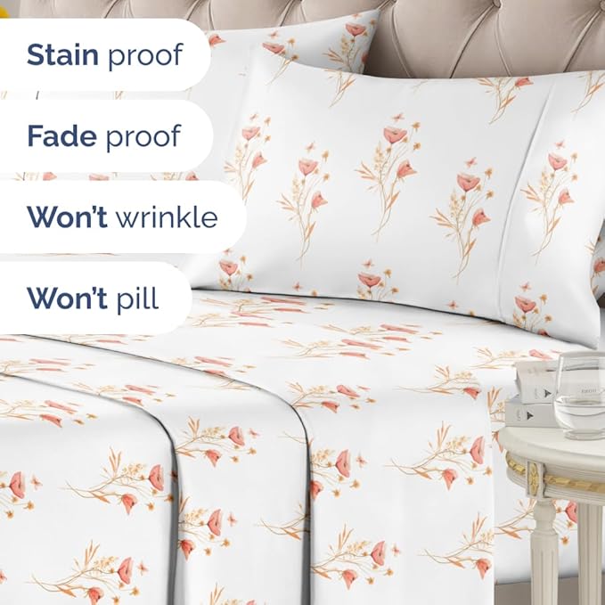 Floral Sheets - Pink Floral Butterfly Bed Sheet Set - 1 Flat & 1 Fitted & 2 Pillowcases w/ Deep Pockets - Wrinkle & Fade Free - Boho Botanical Bedding - Soft, Breathable and Cooling - King Size New