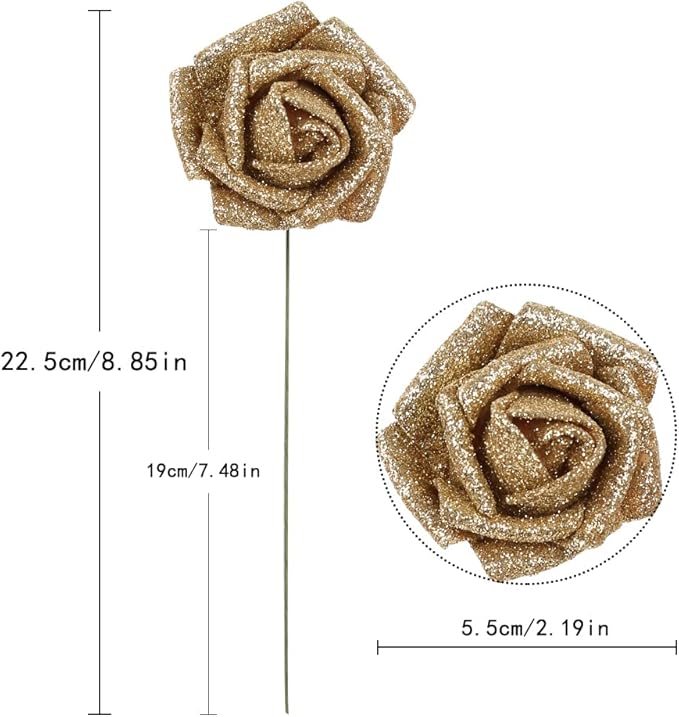 IPOPU Glitter Roses,25PCS Gold Roses Artificial Flowers Fake Rose with Stem for DIY Wedding Bridal Bouquet Home Party Decoration(Gold)