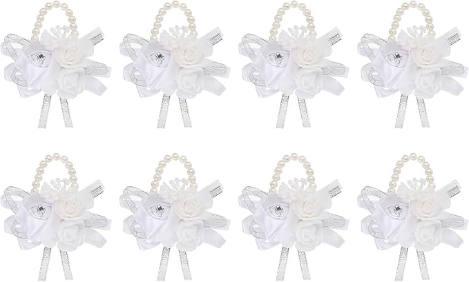 MECCANIXITY 8Pcs Wrist Corsage Artificial Flower Bracelets Rose Wrist Bride Groom Decorative for Wedding Ceremony Prom Party Anniversary White