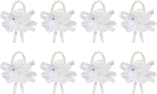 MECCANIXITY 8Pcs Wrist Corsage Artificial Flower Bracelets Rose Wrist Bride Groom Decorative for Wedding Ceremony Prom Party Anniversary White